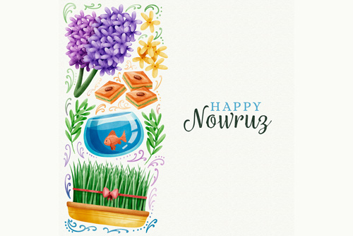 وکتور EPS و Ai لایه باز طرح گرافیکی و آبرنگی هفت سین شامل ماهی و سبزه و سنبل و شیرینی مناسب برای کارت پستال یا بنر یا پس زمینه ویژه عید نوروز